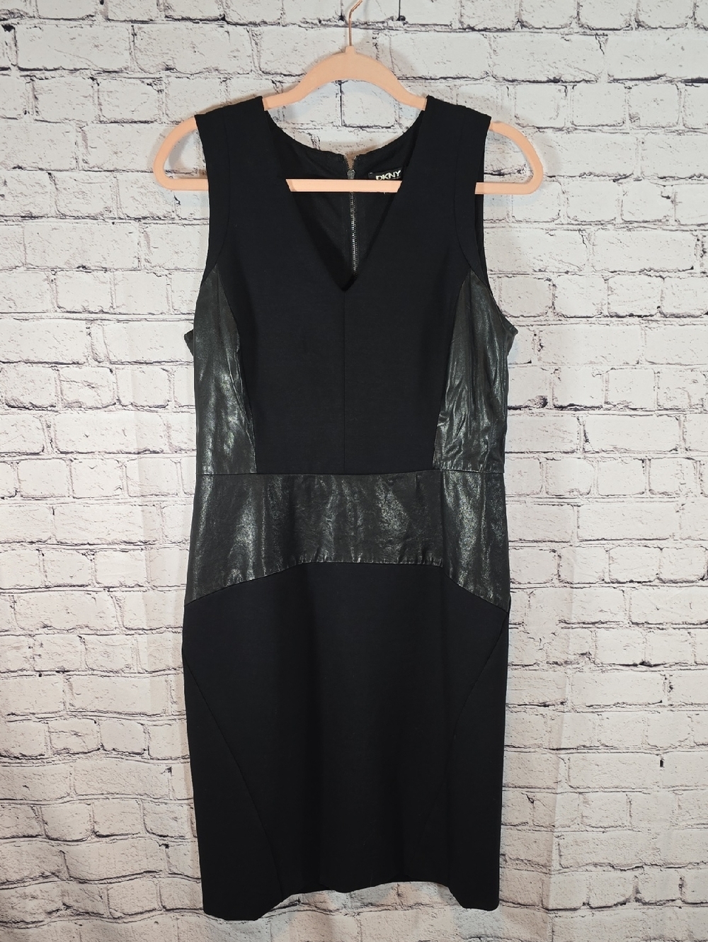 DKNY Black Midi Dress with Real Leather Panels Size 8 - Picture 3 of 12